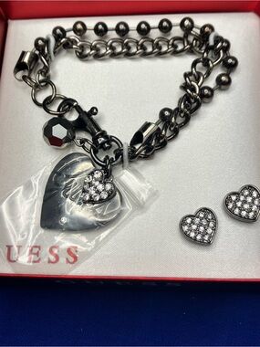 GUESS Gunmetal Heart Charm Bracelet with Crystal Accents Earrings.